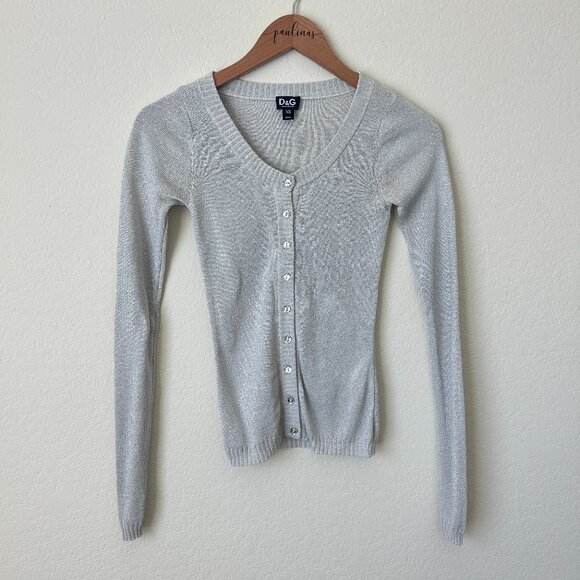 Dolce Gabbana Sweater Womens XS Silver Metallic Silk Blend Cardigan - Picture 1 of 8